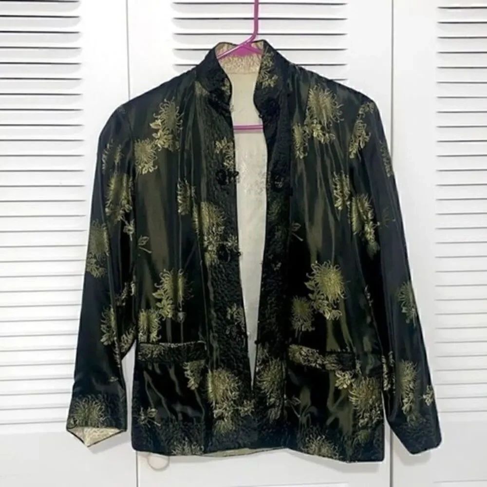 Vintage Chinese Japanese Oriental Asian Kimono Jacket Black Gold M